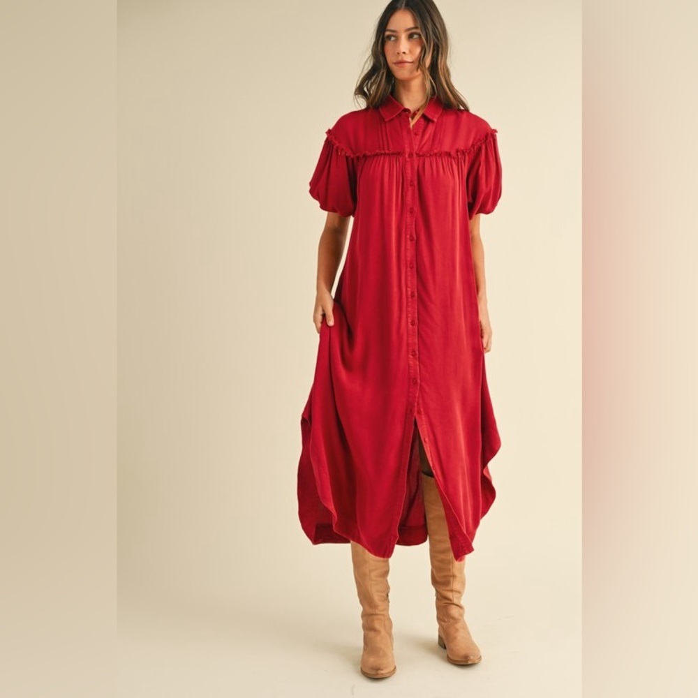 Annie Wear Mineral Washed Button Down Puff Sleeve Shirt Dress - Picture 4 of 5
